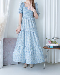 Smocked Floral Dress 方領印花後抓皺修身綁帶連身裙/ DS1182