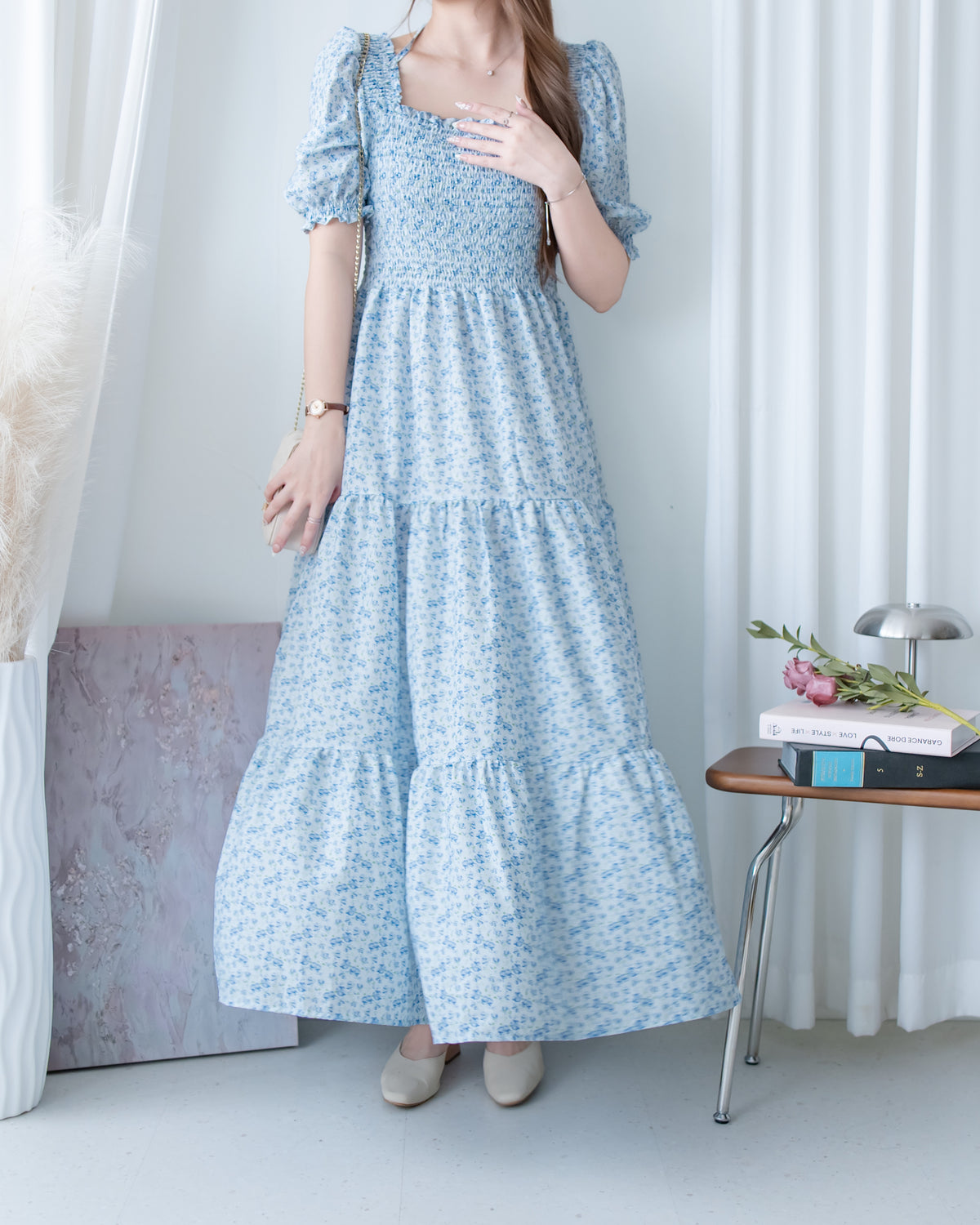 Smocked Floral Dress 方領印花後抓皺修身綁帶連身裙/ DS1182