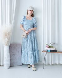Smocked Floral Dress 方領印花後抓皺修身綁帶連身裙/ DS1182