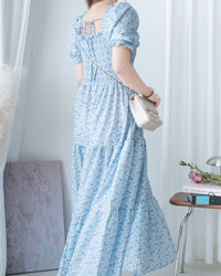 Smocked Floral Dress 方領印花後抓皺修身綁帶連身裙/ DS1182