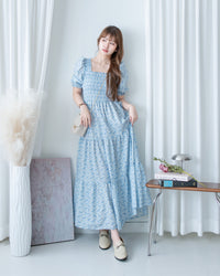 Smocked Floral Dress 方領印花後抓皺修身綁帶連身裙/ DS1182