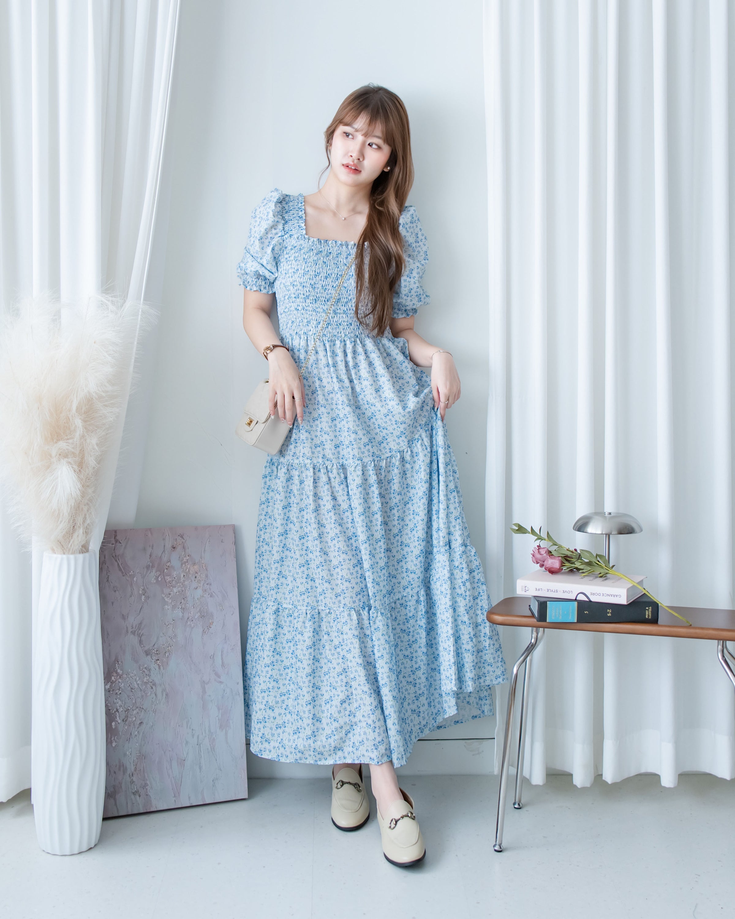Smocked Floral Dress 方領印花後抓皺修身綁帶連身裙/ DS1182