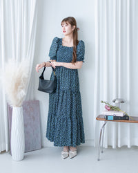Smocked Floral Dress 方領印花後抓皺修身綁帶連身裙/ DS1182