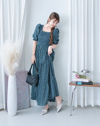 Smocked Floral Dress 方領印花後抓皺修身綁帶連身裙/ DS1182