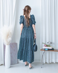 Smocked Floral Dress 方領印花後抓皺修身綁帶連身裙/ DS1182