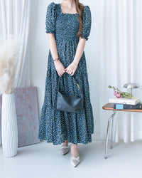 Smocked Floral Dress 方領印花後抓皺修身綁帶連身裙/ DS1182