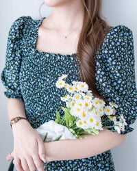 Smocked Floral Dress 方領印花後抓皺修身綁帶連身裙/ DS1182
