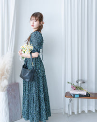 Smocked Floral Dress 方領印花後抓皺修身綁帶連身裙/ DS1182