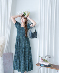 Smocked Floral Dress 方領印花後抓皺修身綁帶連身裙/ DS1182