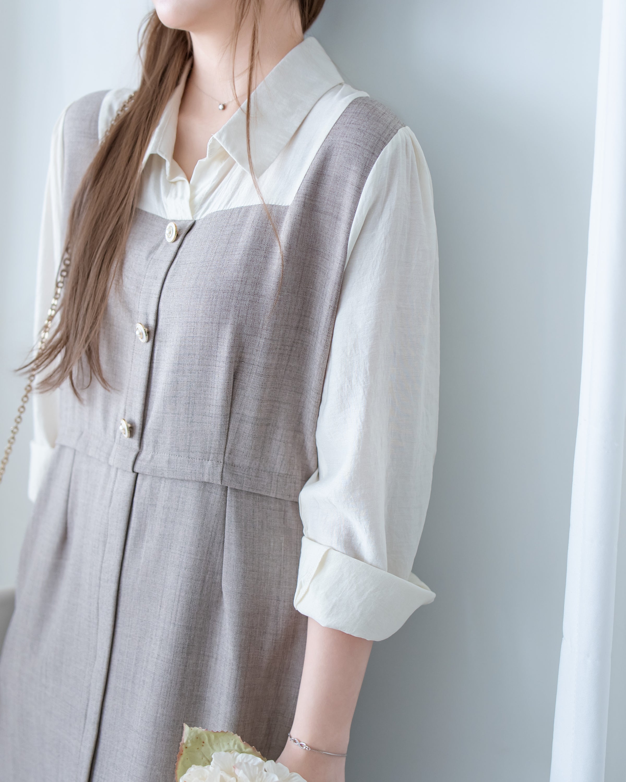 Spliced Mocha Dress 假兩件莫卡拼接恤衫連身裙/ DS1179