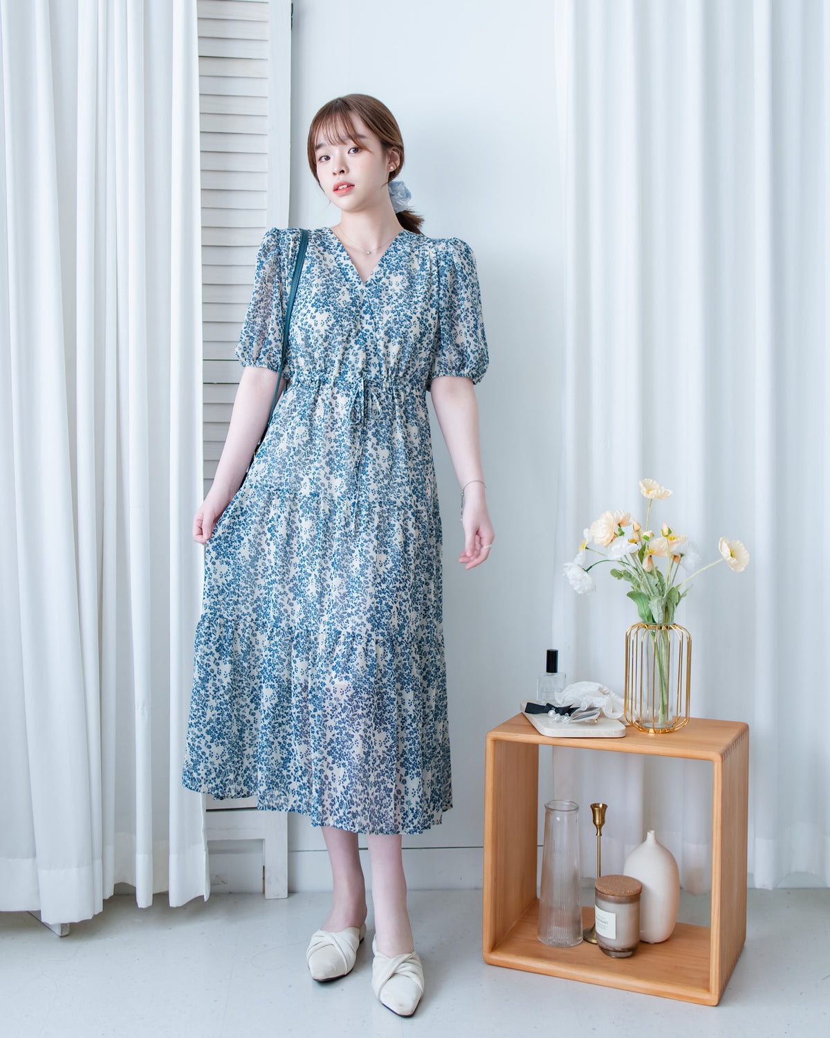 Shadow Chiffon Dress 疊領口影子印花雪紡連身裙/ DS1180