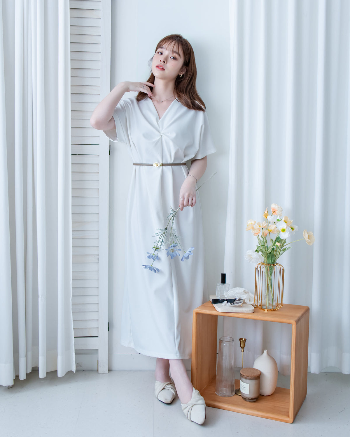 Twist Dress V領扭結抓皺後開衩連身裙/ DS1190
