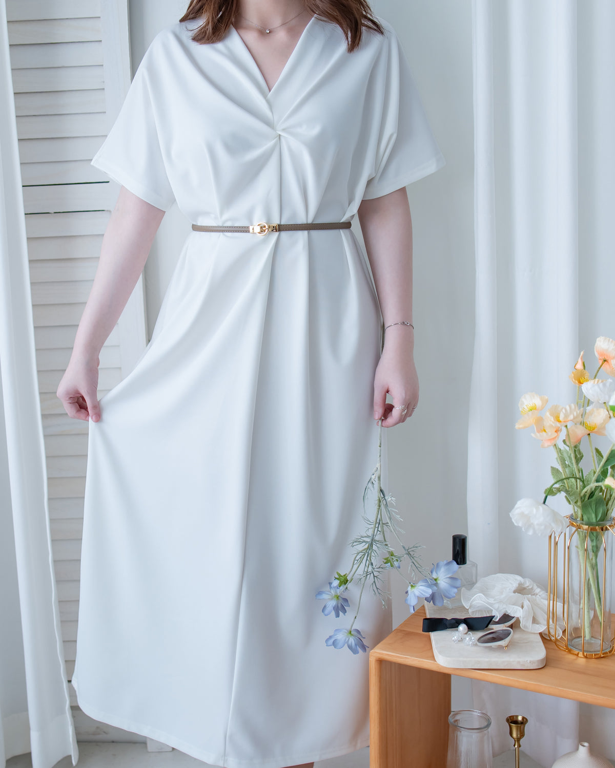 Twist Dress V領扭結抓皺後開衩連身裙/ DS1190