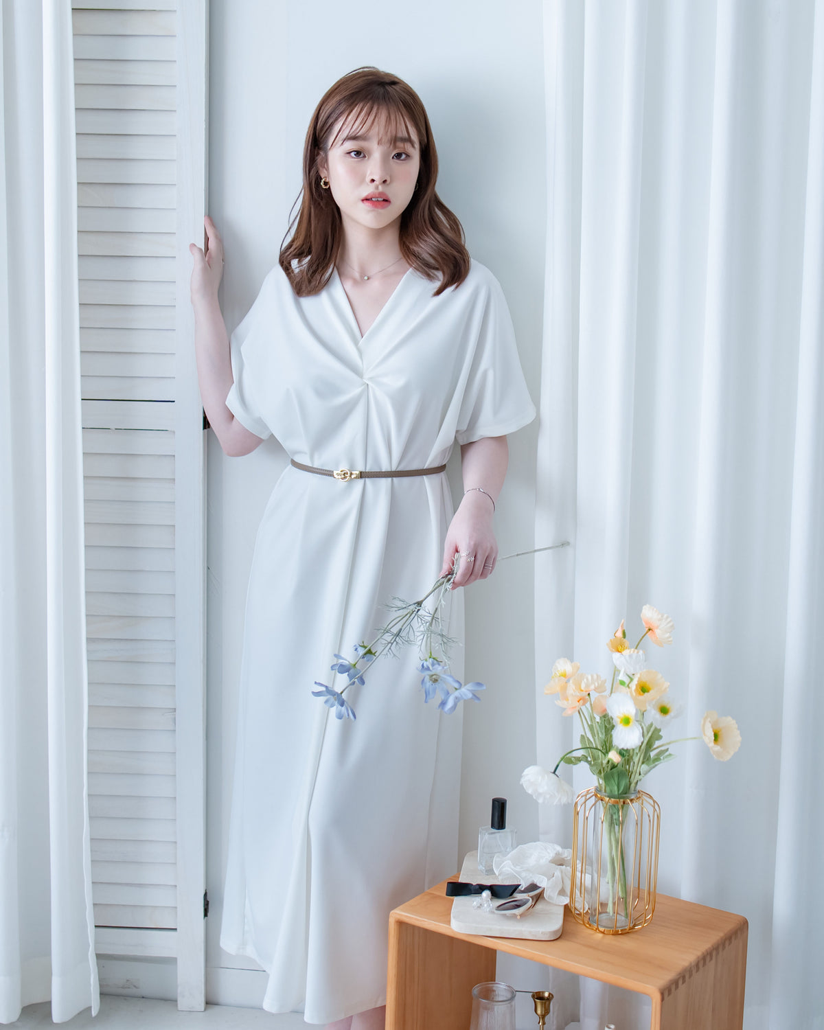 Twist Dress V領扭結抓皺後開衩連身裙/ DS1190