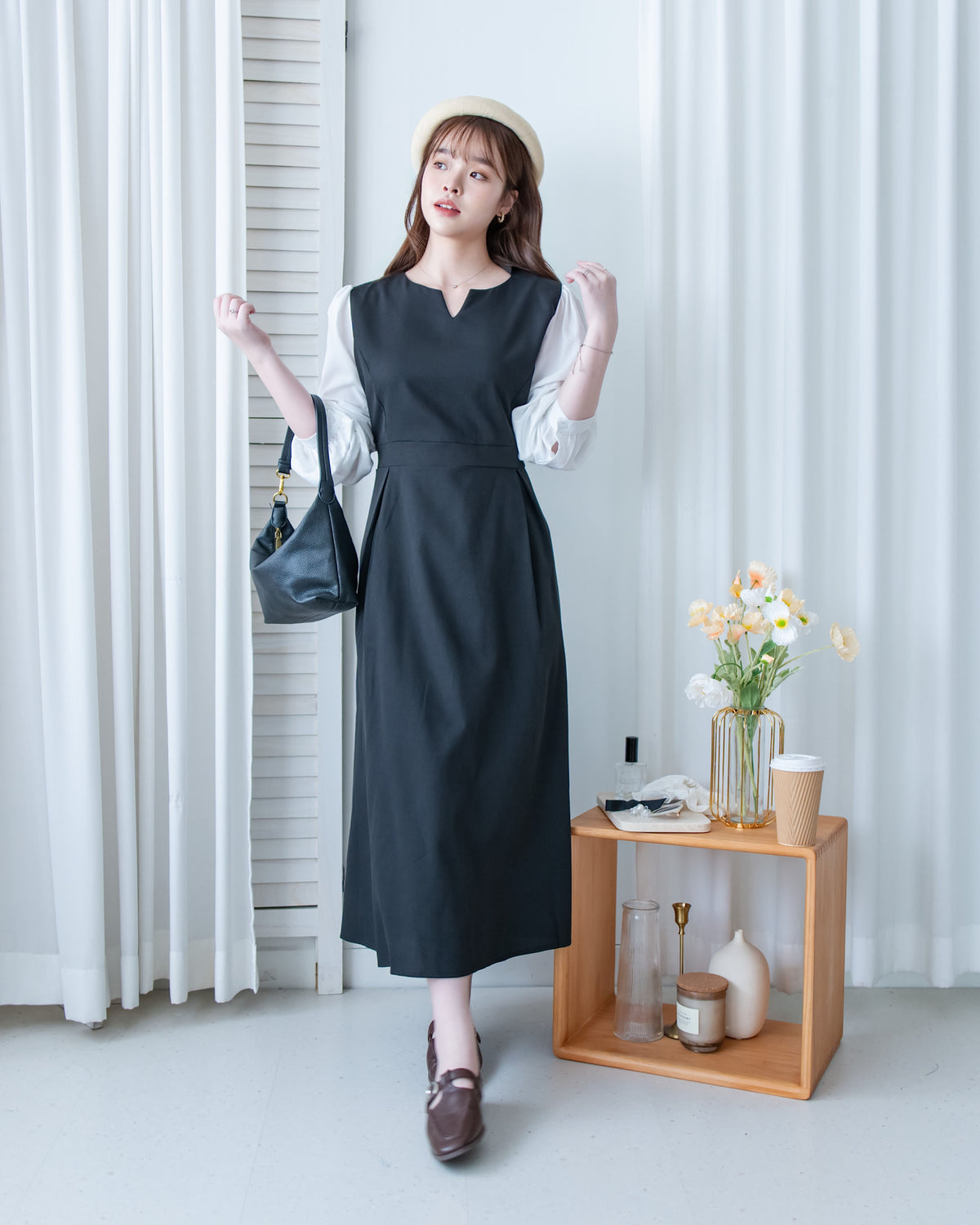 Spliced Shirt Dress 仿內搭恤衫小V領口修腰連身裙/ DS1183