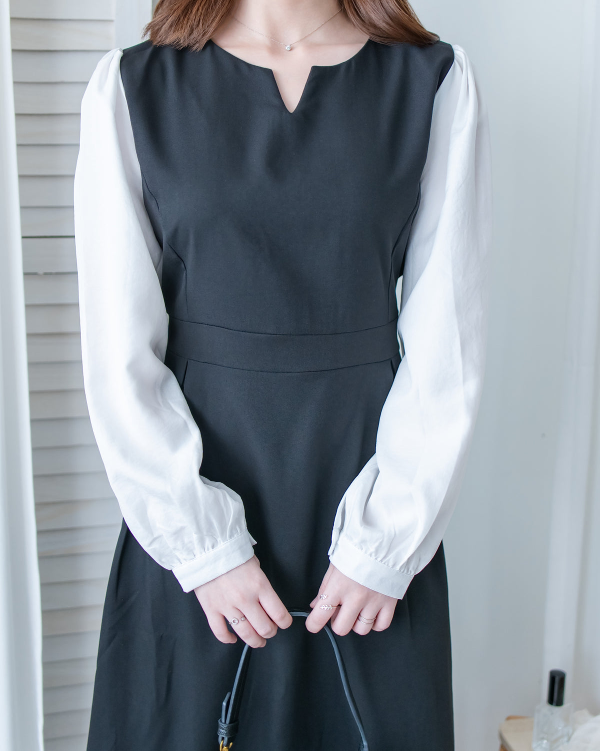 Spliced Shirt Dress 仿內搭恤衫小V領口修腰連身裙/ DS1183
