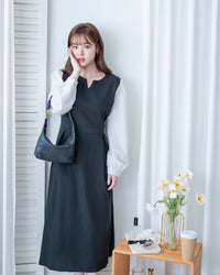 Spliced Shirt Dress 仿內搭恤衫小V領口修腰連身裙/ DS1183