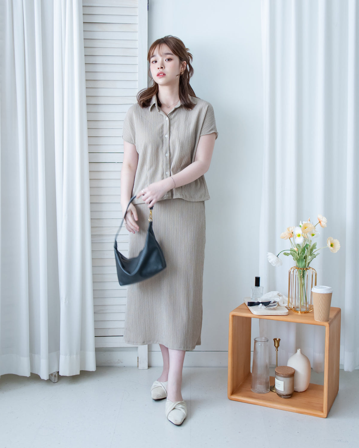 Hailey Skirt Set 防皺彈性恤衫彈性直裙套裝/ SE8122