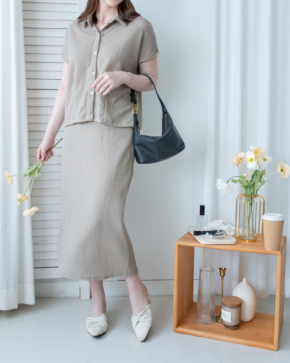 Hailey Skirt Set 防皺彈性恤衫彈性直裙套裝/ SE8122