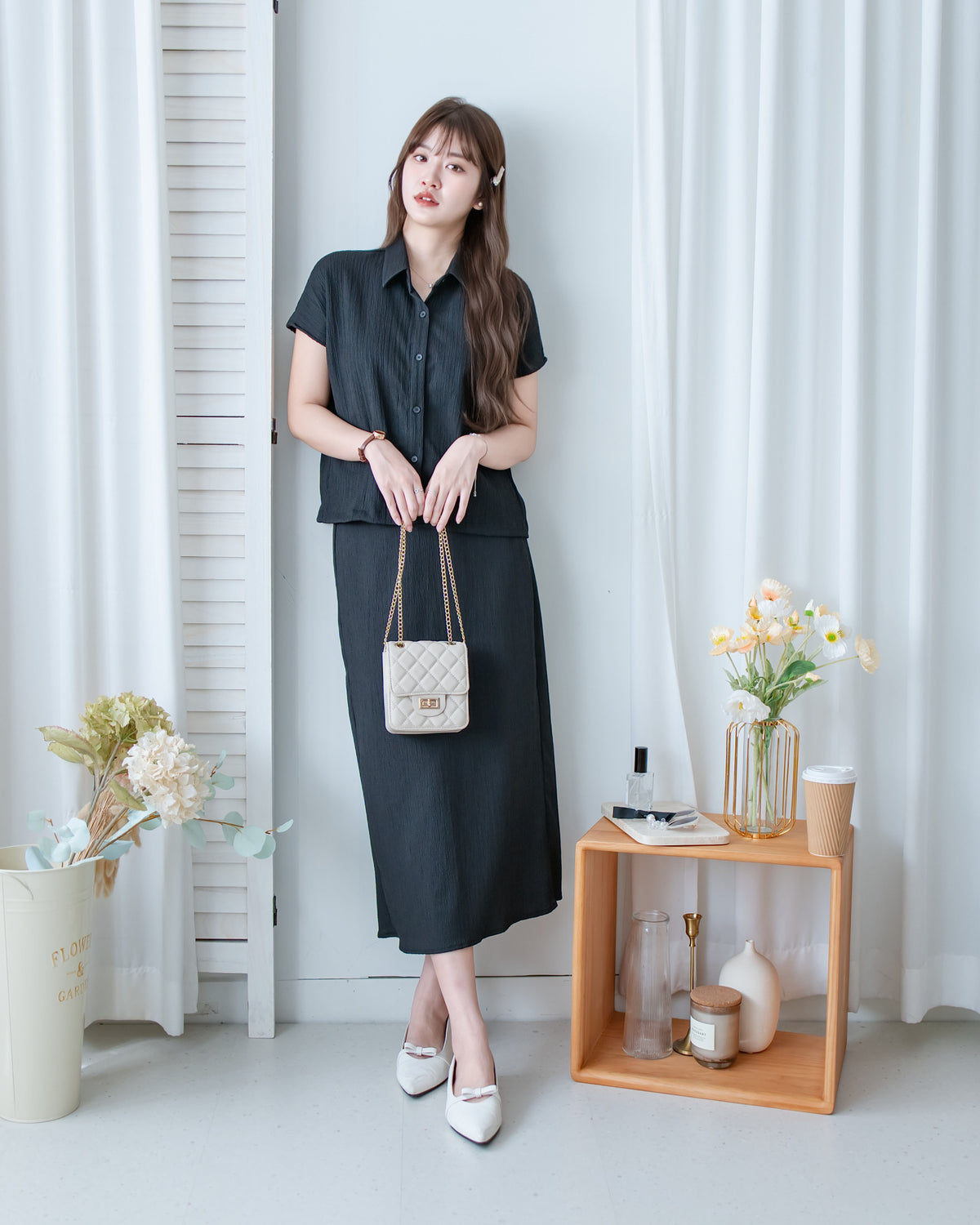 Hailey Skirt Set 防皺彈性恤衫彈性直裙套裝/ SE8122
