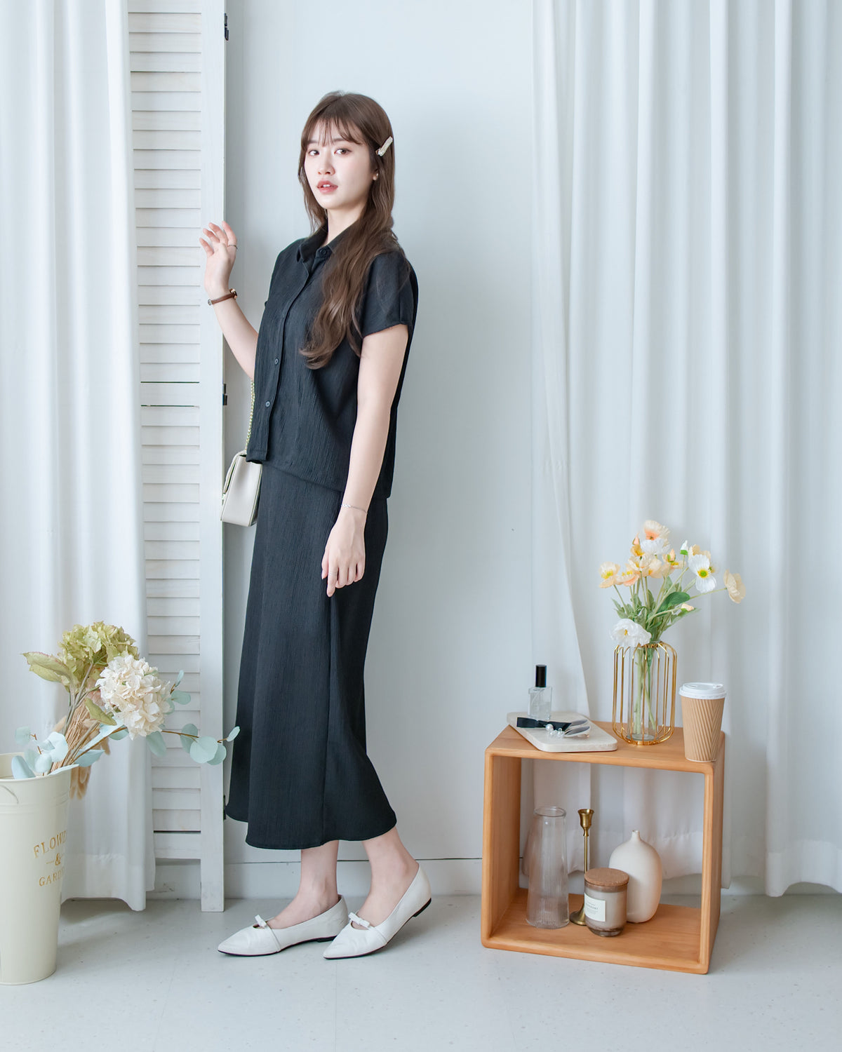 Hailey Skirt Set 防皺彈性恤衫彈性直裙套裝/ SE8122