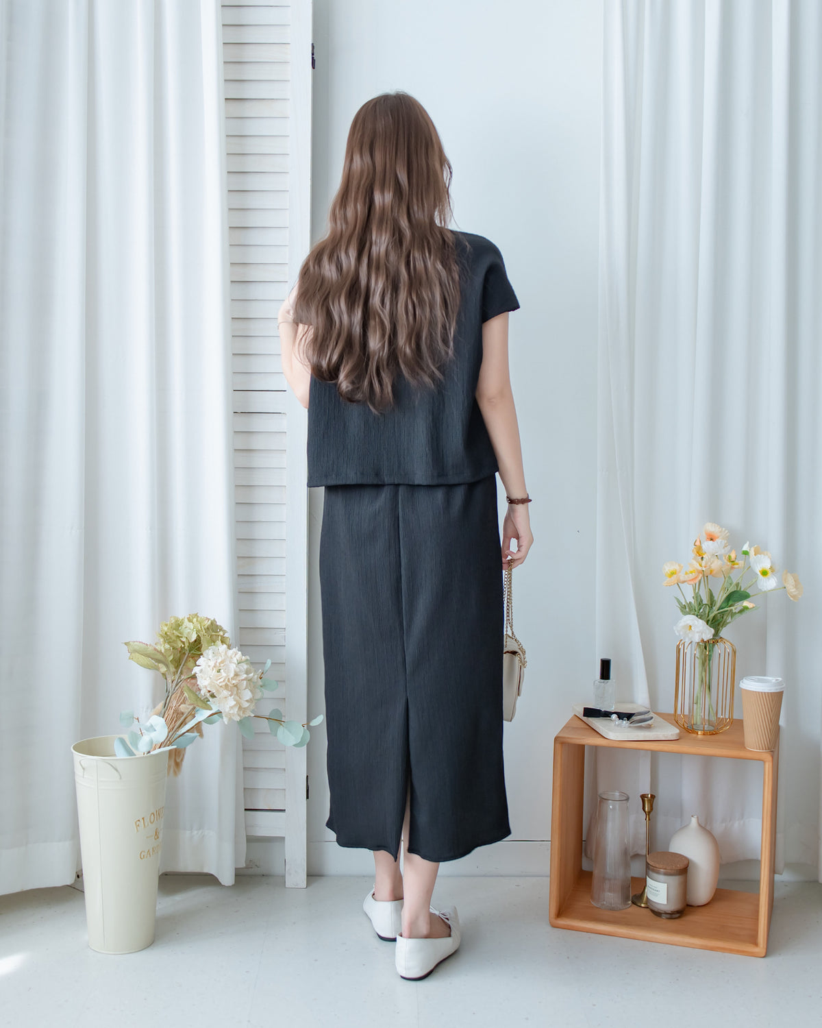Hailey Skirt Set 防皺彈性恤衫彈性直裙套裝/ SE8122
