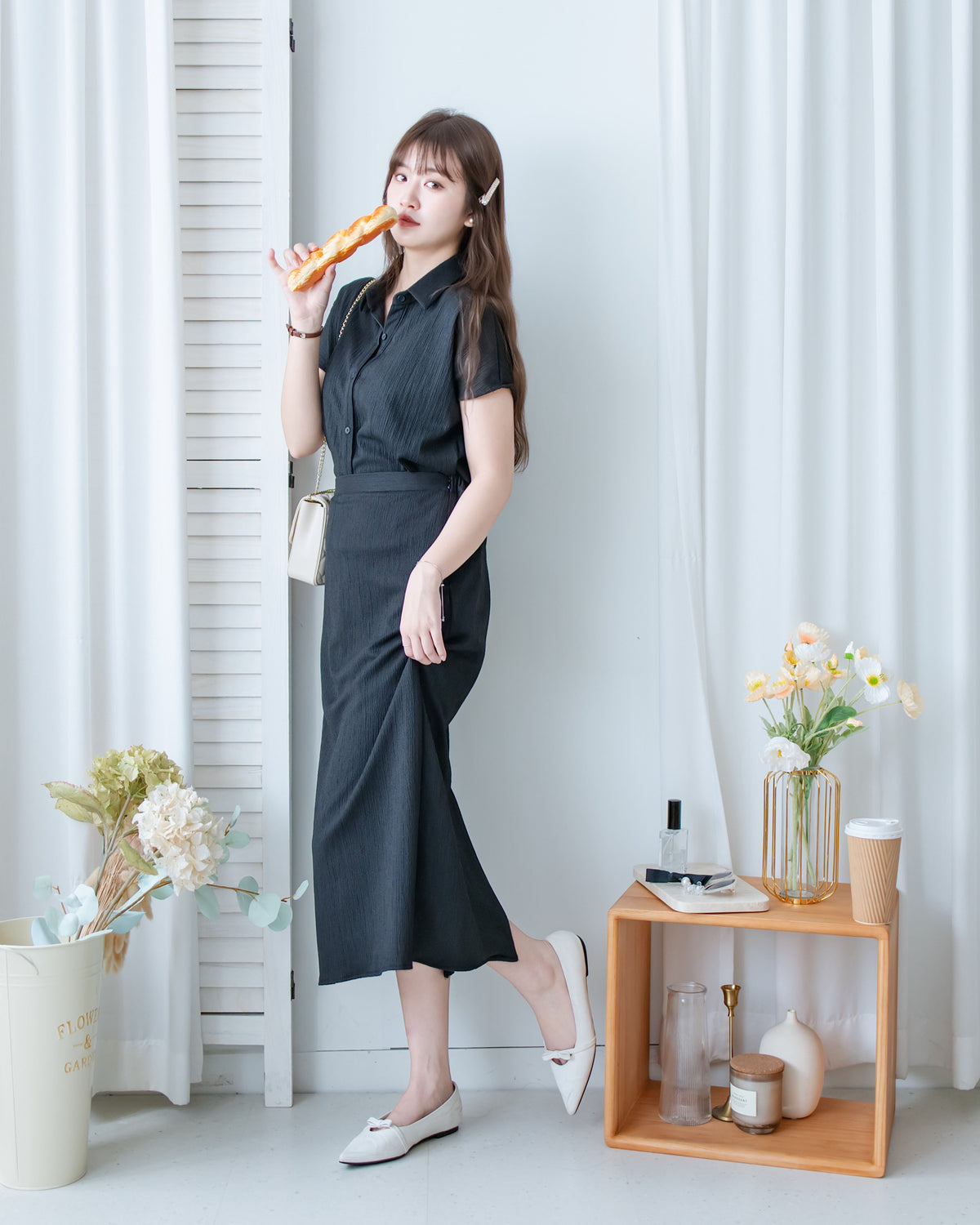 Hailey Skirt Set 防皺彈性恤衫彈性直裙套裝/ SE8122