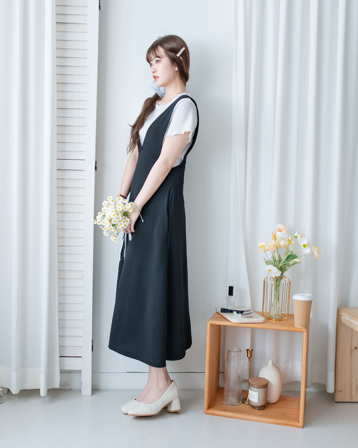 Vest Dress 法式V形粗帶彈性傘形連身裙/ DS1178