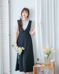Vest Dress 法式V形粗帶彈性傘形連身裙/ DS1178