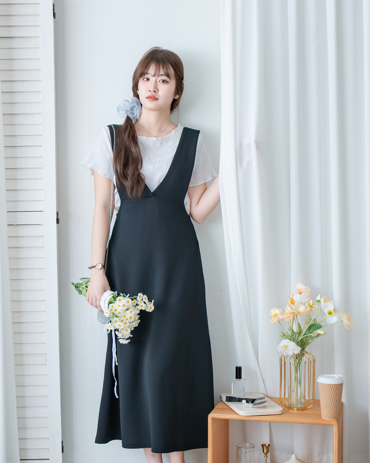 Vest Dress 法式V形粗帶彈性傘形連身裙/ DS1178