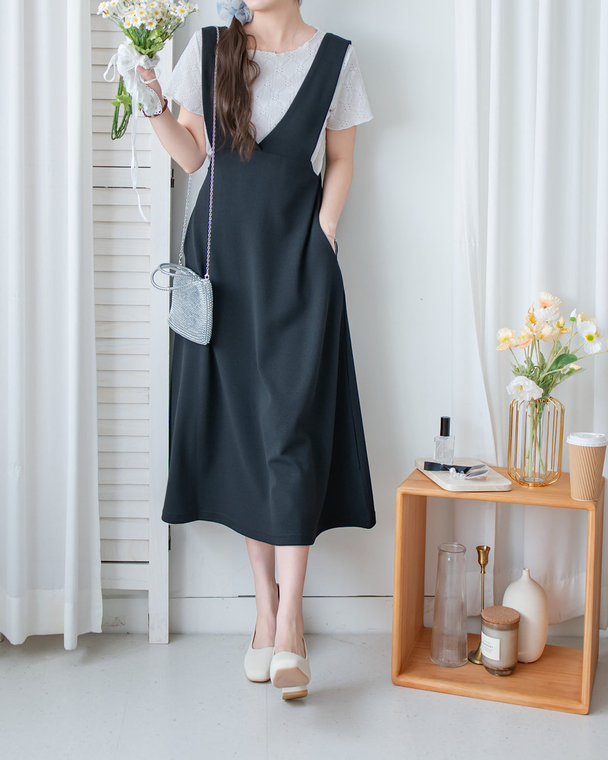 Vest Dress 法式V形粗帶彈性傘形連身裙/ DS1178