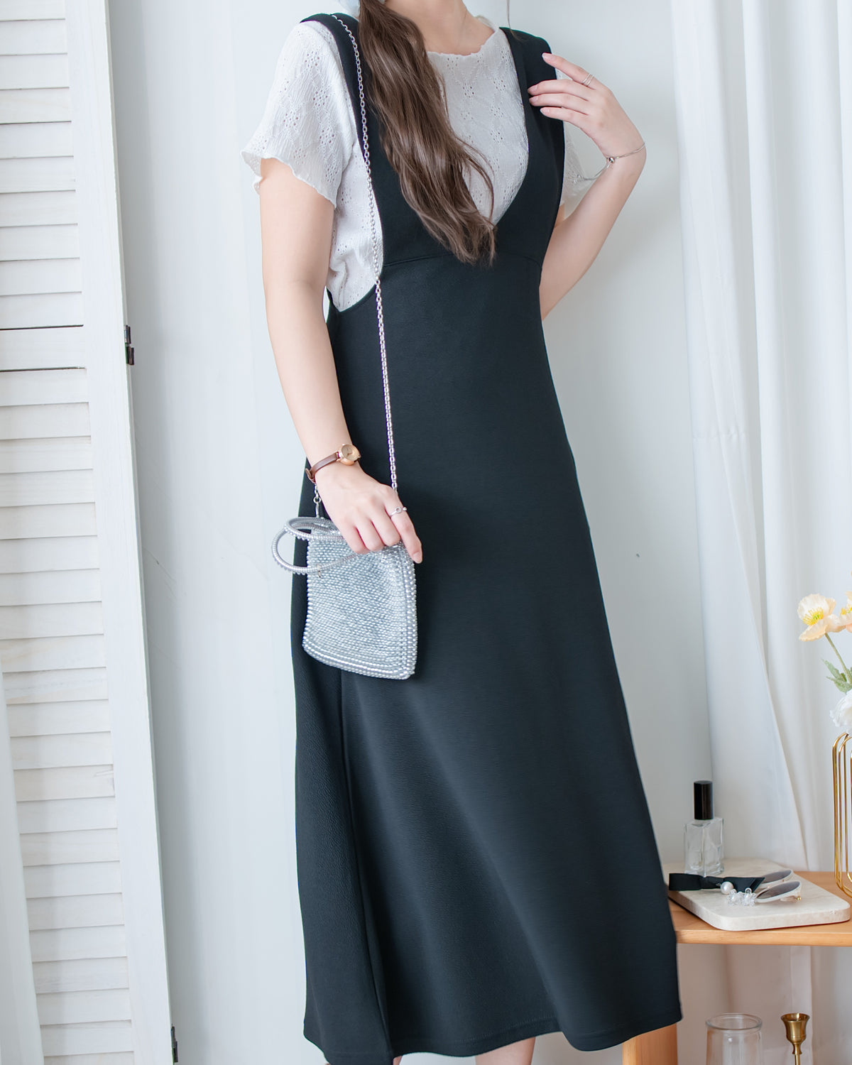 Vest Dress 法式V形粗帶彈性傘形連身裙/ DS1178