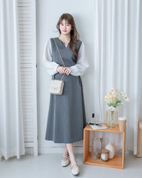 Spliced Shirt Dress 仿內搭恤衫小V領口修腰連身裙/ DS1183