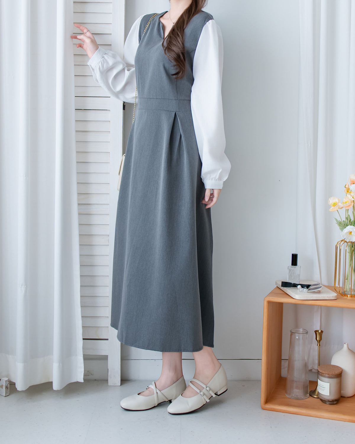 Spliced Shirt Dress 仿內搭恤衫小V領口修腰連身裙/ DS1183