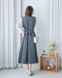 Spliced Shirt Dress 仿內搭恤衫小V領口修腰連身裙/ DS1183
