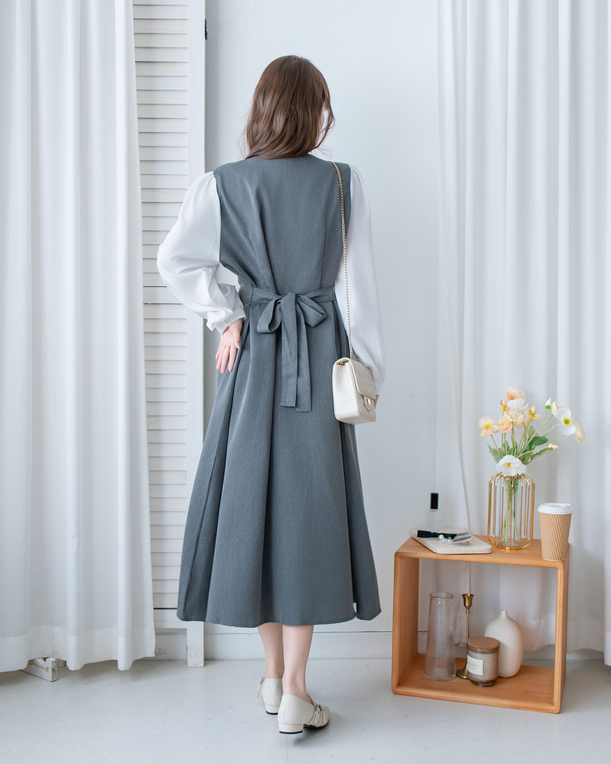 Spliced Shirt Dress 仿內搭恤衫小V領口修腰連身裙/ DS1183