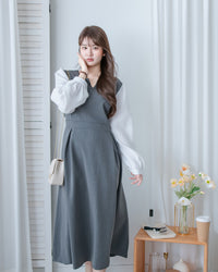 Spliced Shirt Dress 仿內搭恤衫小V領口修腰連身裙/ DS1183