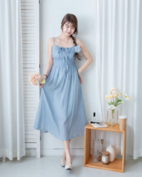 Misty Floral Dress 霧藍花束設計修腰吊帶連身裙/ DS1187