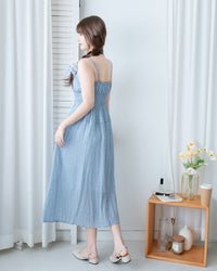 Misty Floral Dress 霧藍花束設計修腰吊帶連身裙/ DS1187