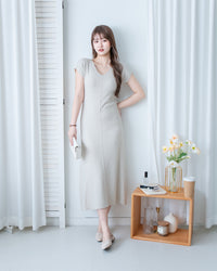 Knit Dress 修身彈性腰身抓皺 V 領針織連身裙/ DS1186