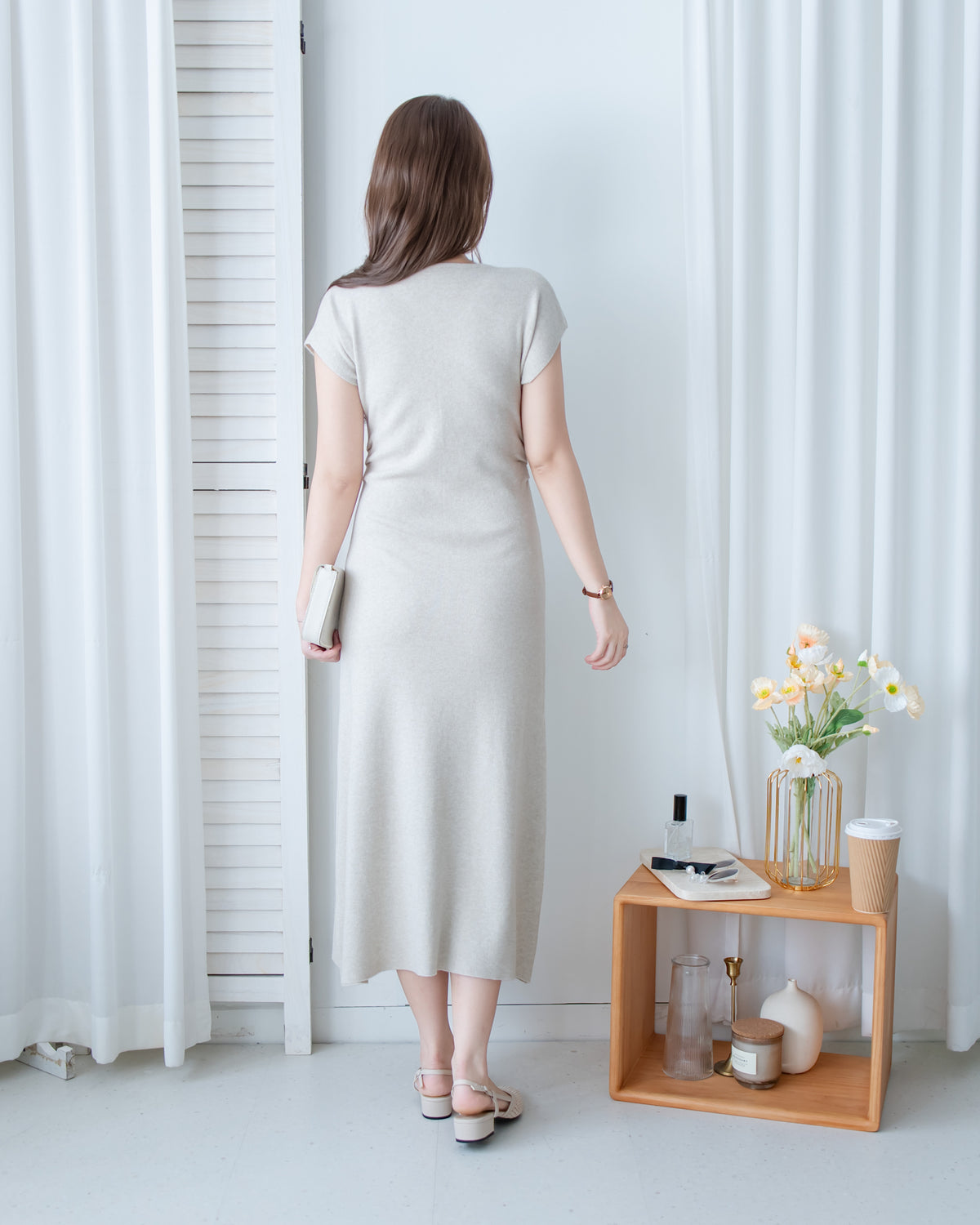 Knit Dress 修身彈性腰身抓皺 V 領針織連身裙/ DS1186