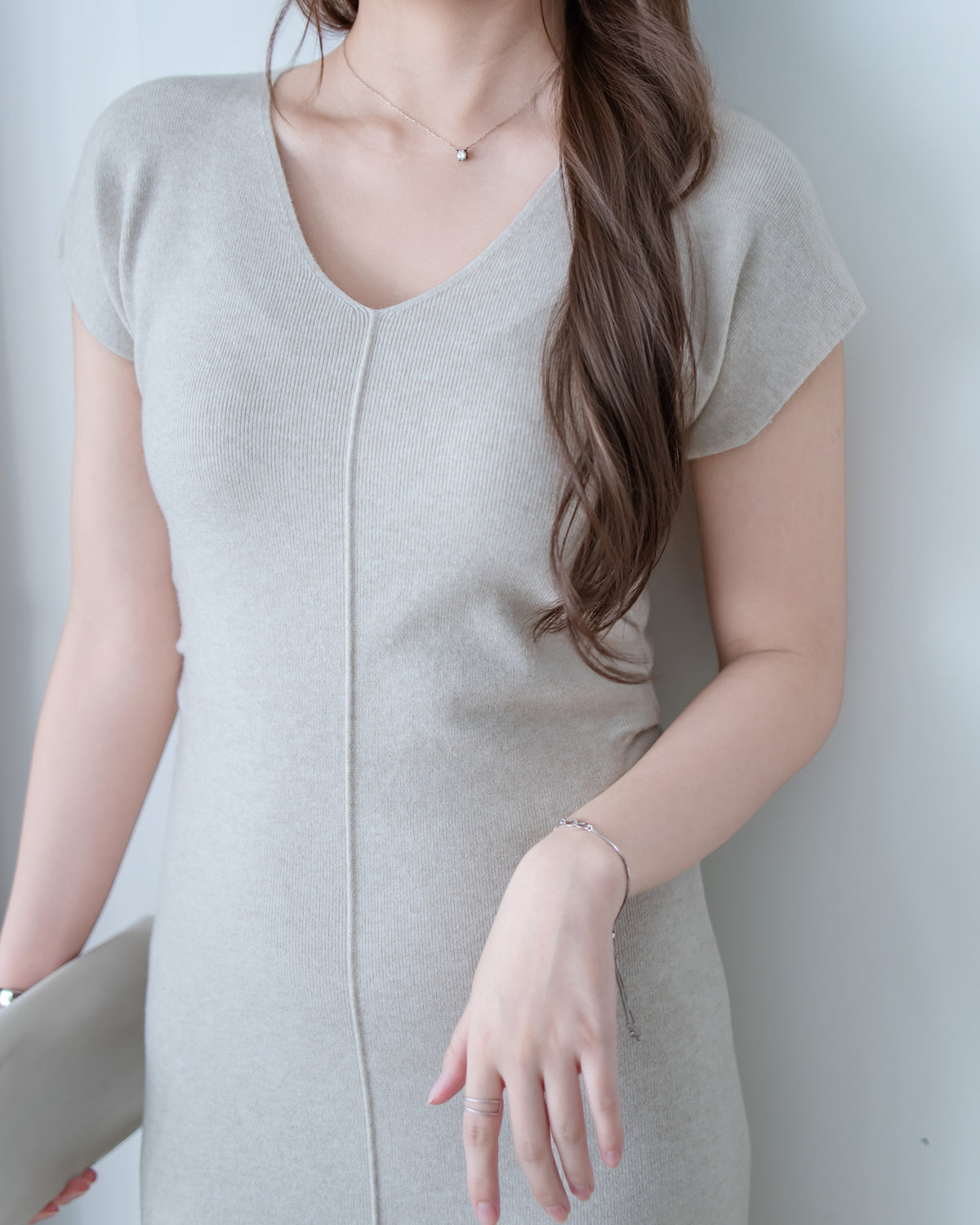 Knit Dress 修身彈性腰身抓皺 V 領針織連身裙/ DS1186