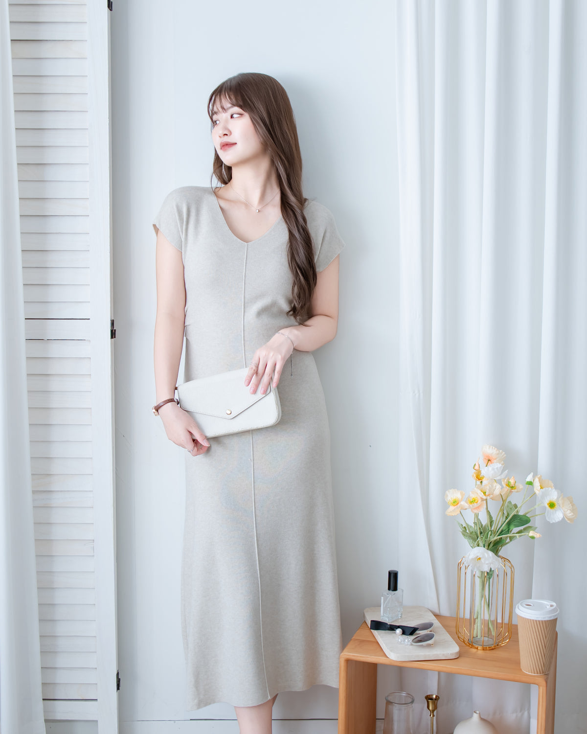 Knit Dress 修身彈性腰身抓皺 V 領針織連身裙/ DS1186