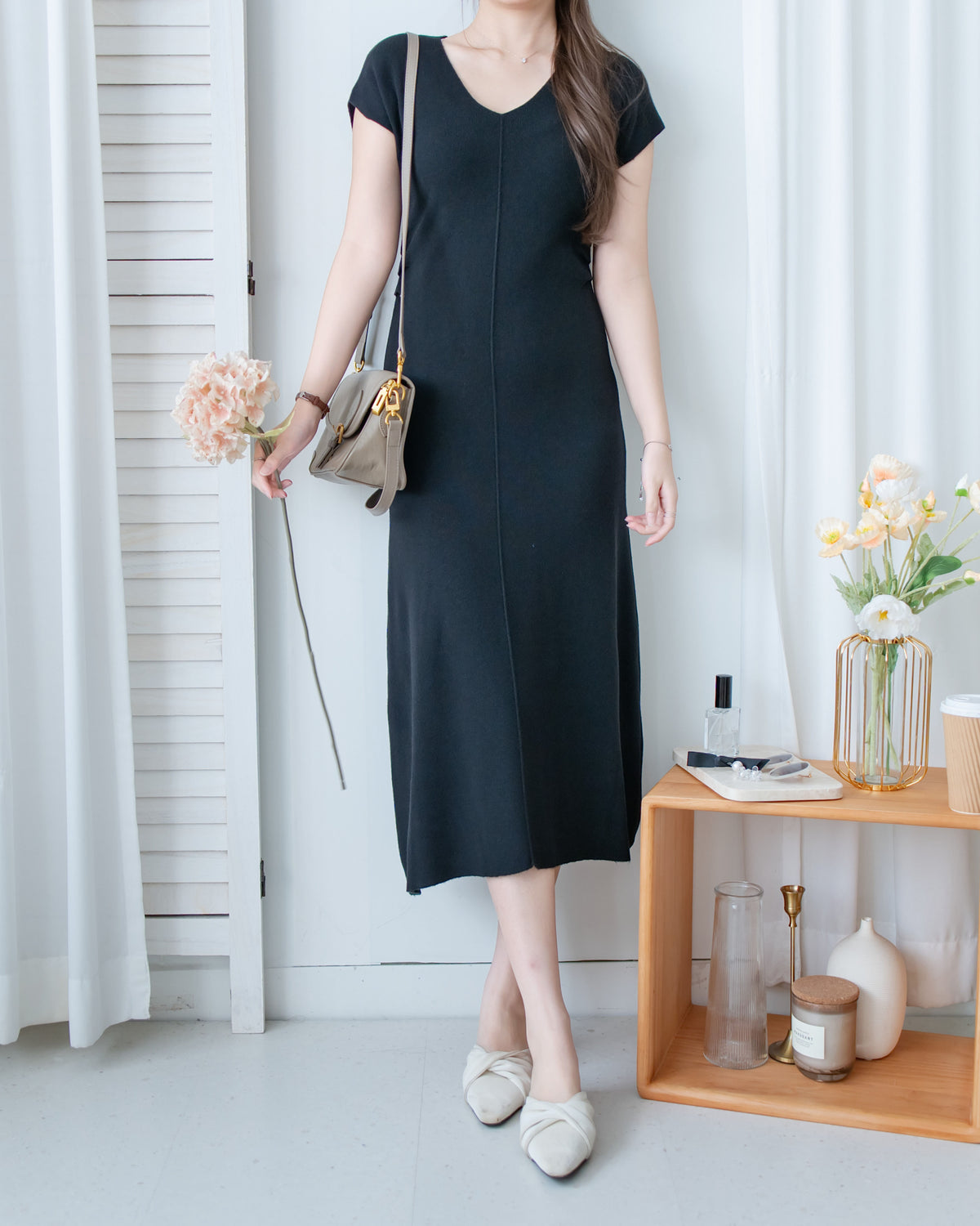 Knit Dress 修身彈性腰身抓皺 V 領針織連身裙/ DS1186
