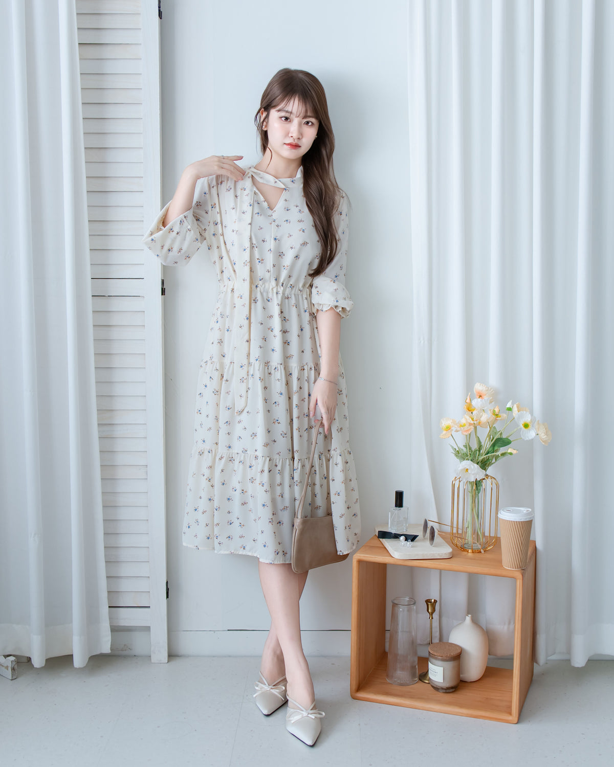 Scarf Floral Dress 飄帶花邊袖印花連身裙/ DS1189