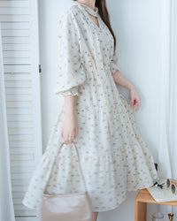 Scarf Floral Dress 飄帶花邊袖印花連身裙/ DS1189