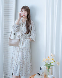 Scarf Floral Dress 飄帶花邊袖印花連身裙/ DS1189