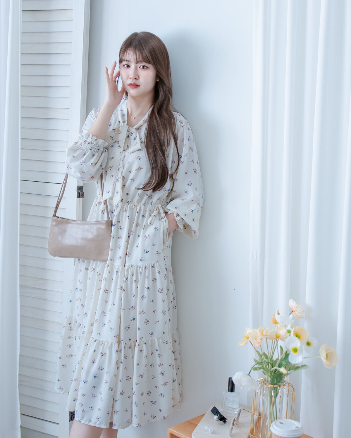 Scarf Floral Dress 飄帶花邊袖印花連身裙/ DS1189