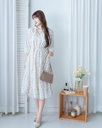 Scarf Floral Dress 飄帶花邊袖印花連身裙/ DS1189