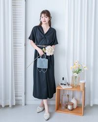 Twist Dress V領扭結抓皺後開衩連身裙/ DS1190